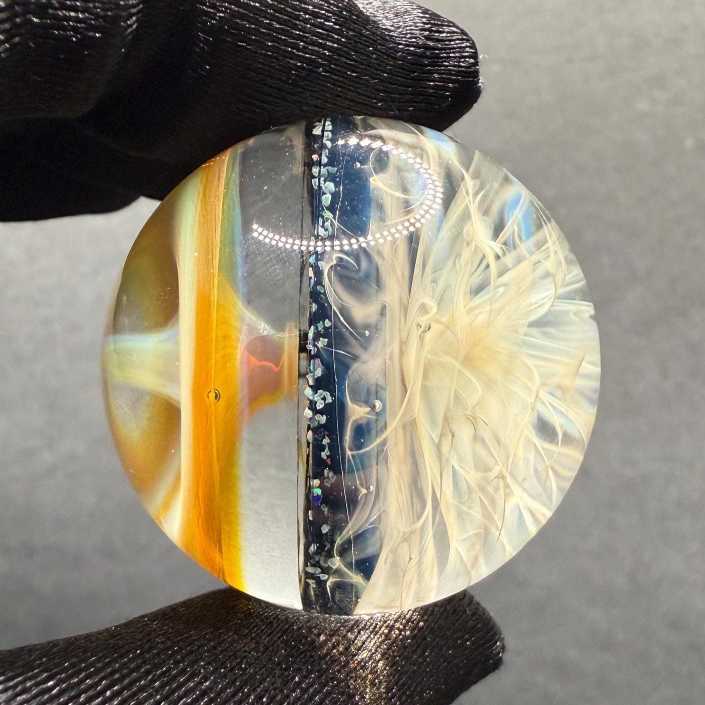 1.39 Inch Handcrafted Borosilicate Glass Marble with Chaos Silver Fume & Fumicello- Heady Glass Art Marble - Includes Wooden Display Stand