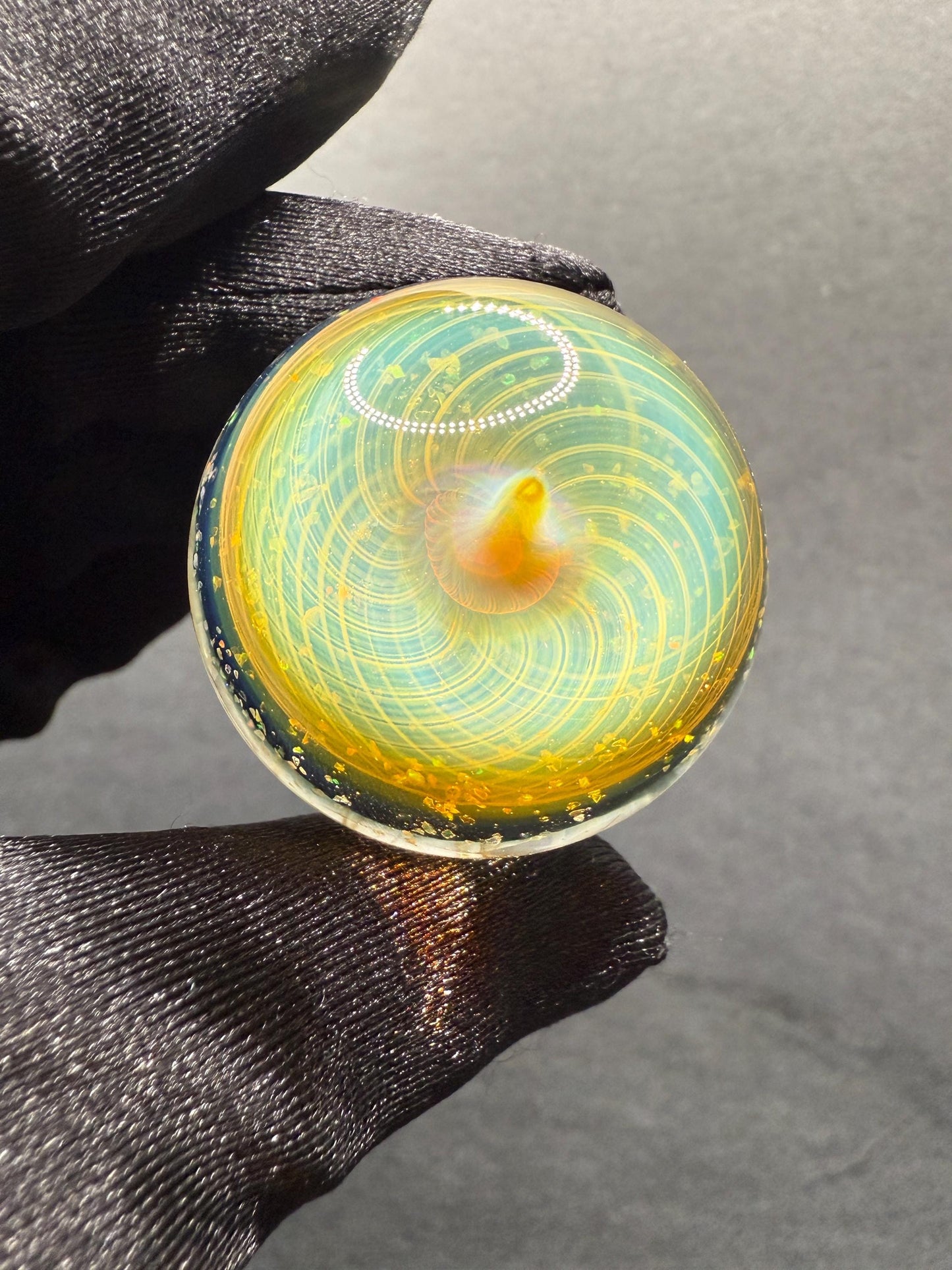1.39 Inch Handcrafted Borosilicate Glass Marble with Chaos Silver Fume & Fumicello- Heady Glass Art Marble - Includes Wooden Display Stand