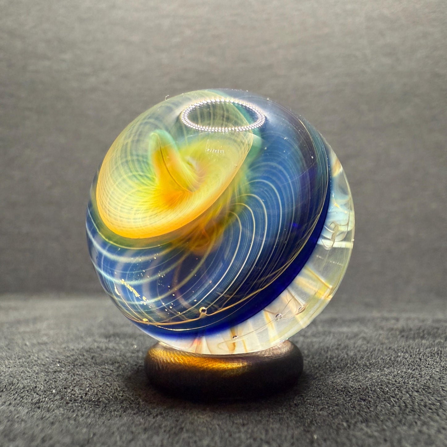 1.24 Inch Handcrafted Borosilicate Glass Marble with Chaos Silver Fume & Fumicello- Heady Glass Art Marble - Includes Wooden Display Stand