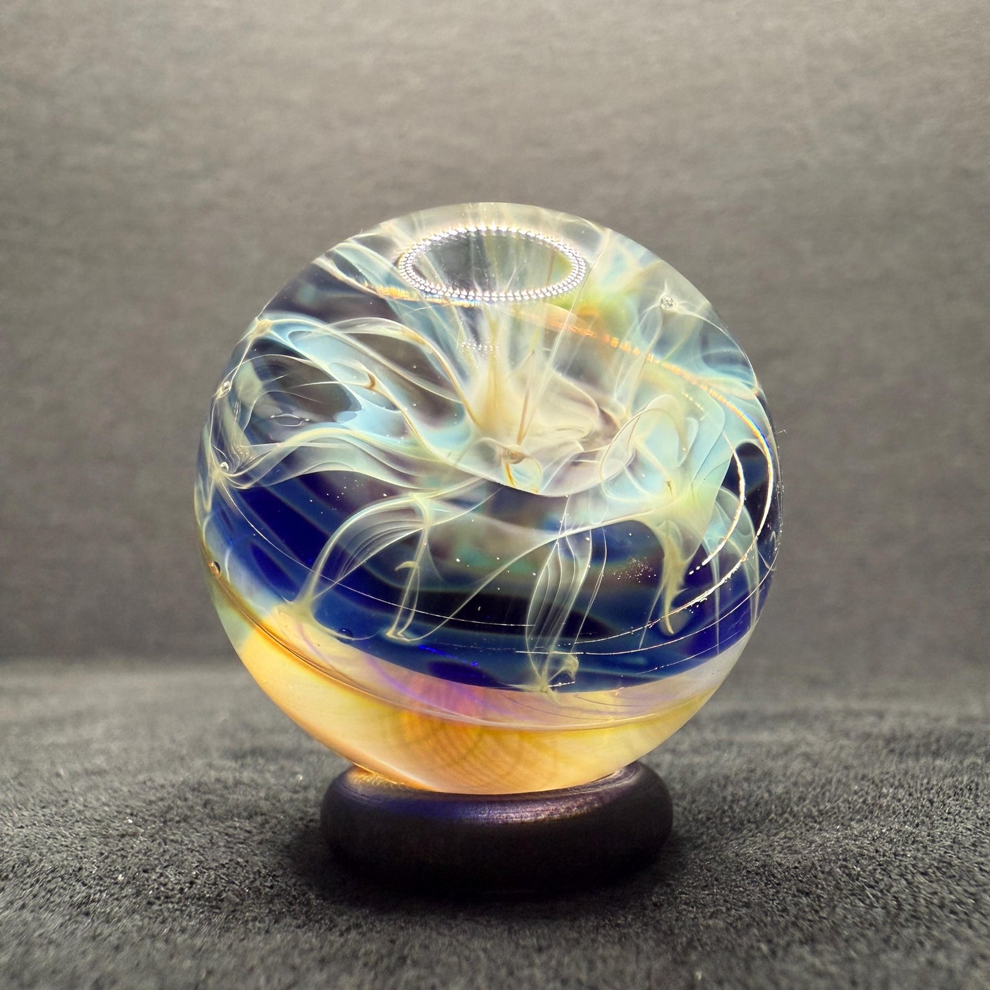1.24 Inch Handcrafted Borosilicate Glass Marble with Chaos Silver Fume & Fumicello- Heady Glass Art Marble - Includes Wooden Display Stand