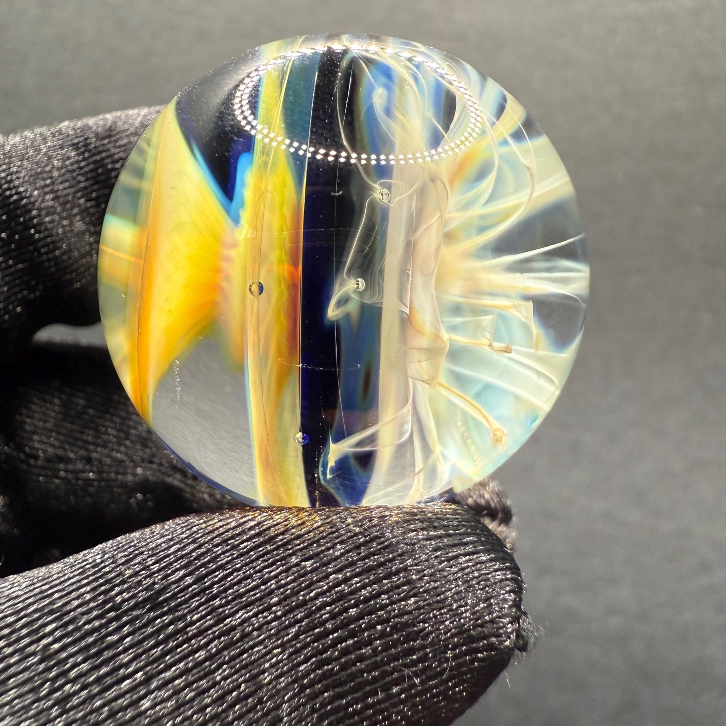 1.24 Inch Handcrafted Borosilicate Glass Marble with Chaos Silver Fume & Fumicello- Heady Glass Art Marble - Includes Wooden Display Stand