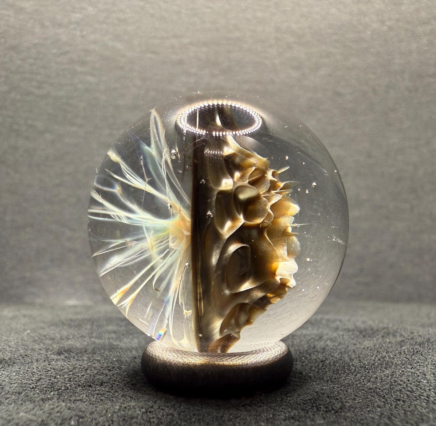 1.28 Inch Handcrafted Borosilicate Glass Marble - Silver Fume & Electrum Implosion - Heady Glass Art Marble - Includes Wooden Display Stand