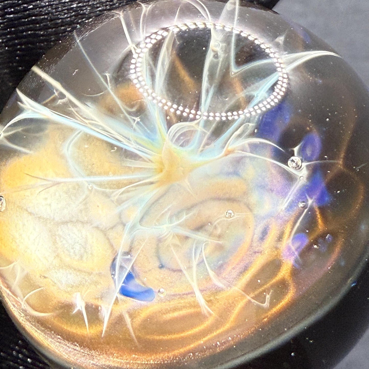 1.28 Inch Handcrafted Borosilicate Glass Marble - Silver Fume & Electrum Implosion - Heady Glass Art Marble - Includes Wooden Display Stand