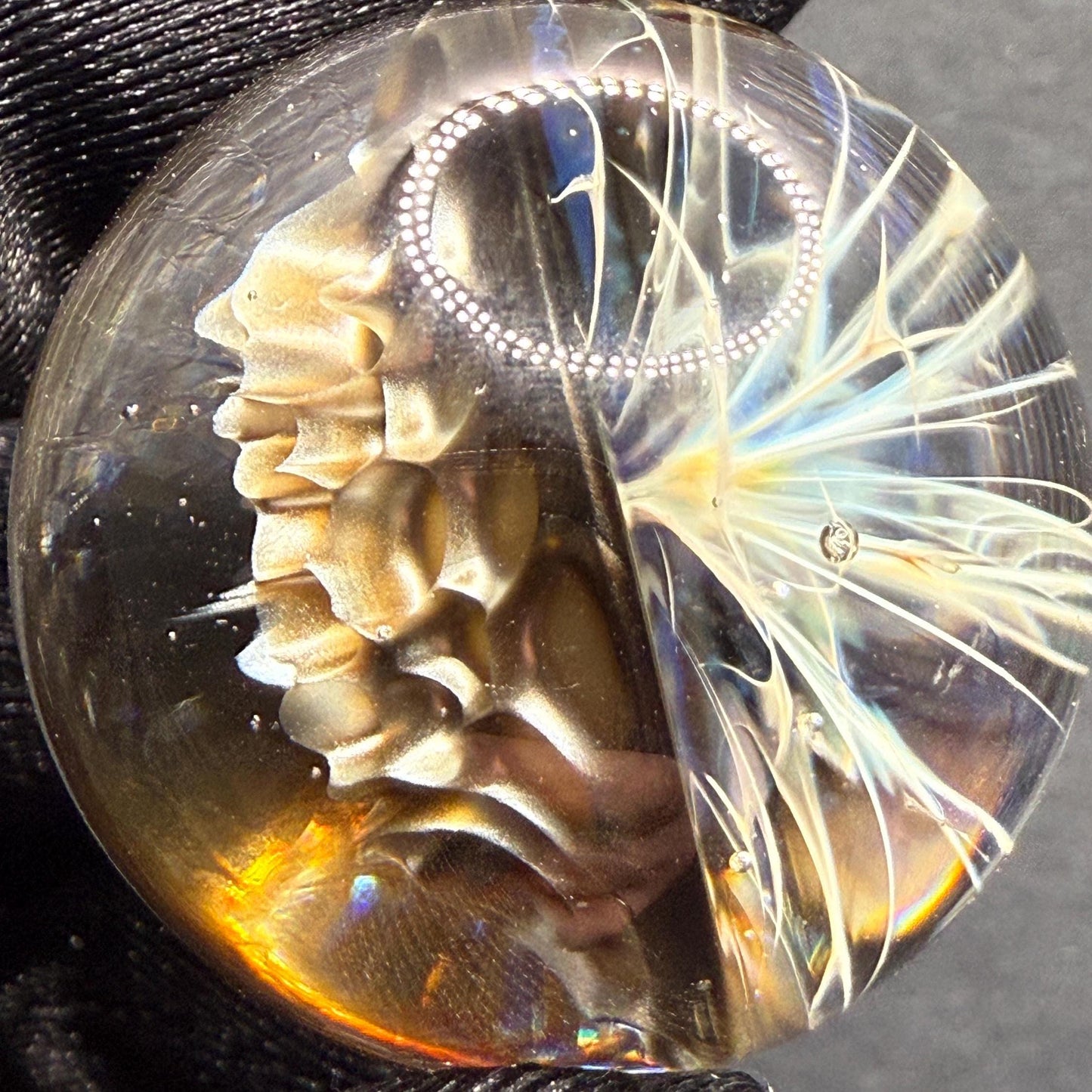 1.28 Inch Handcrafted Borosilicate Glass Marble - Silver Fume & Electrum Implosion - Heady Glass Art Marble - Includes Wooden Display Stand