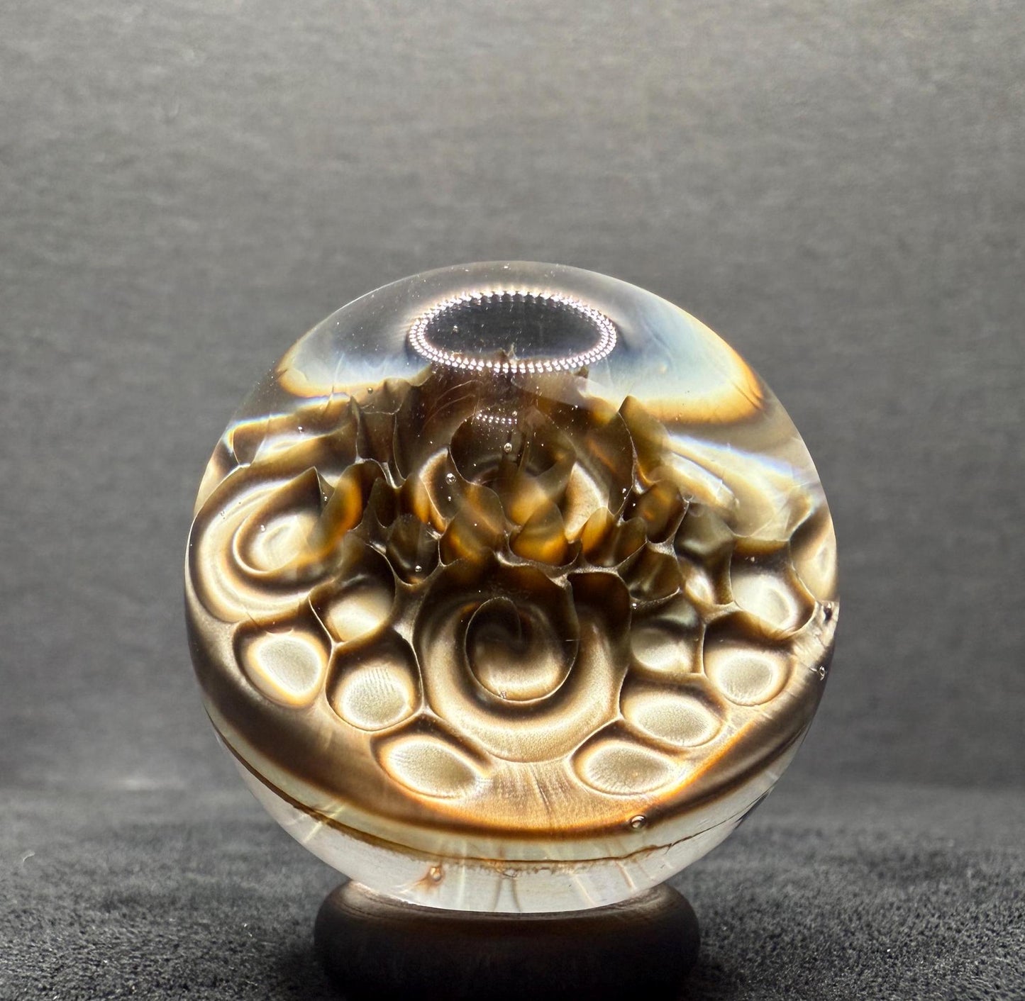 1.28 Inch Handcrafted Borosilicate Glass Marble - Silver Fume & Electrum Implosion - Heady Glass Art Marble - Includes Wooden Display Stand