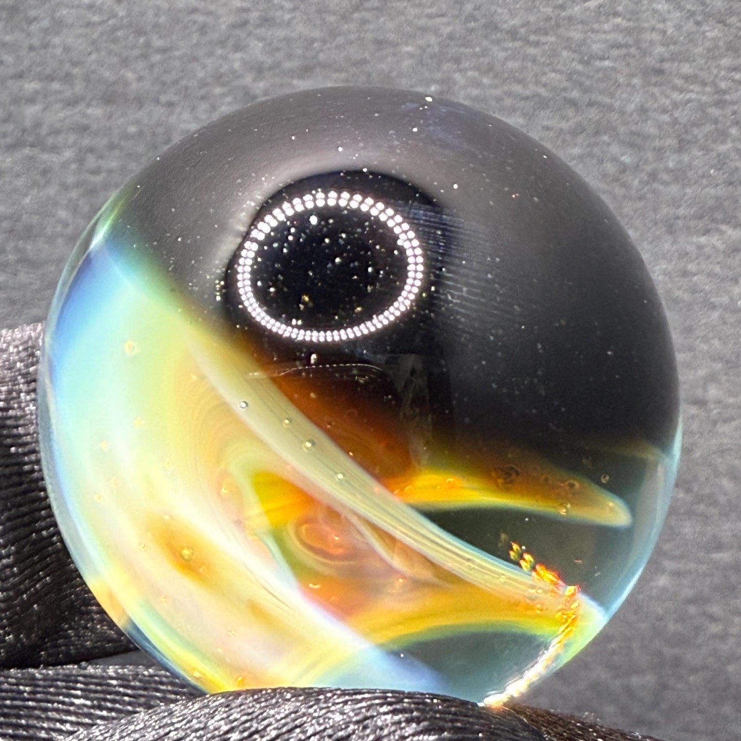 Handmade Glass Marble 1.13 Inches with Silver Fume Spiral and Opal Coin - Includes Free Wooden Display Stand