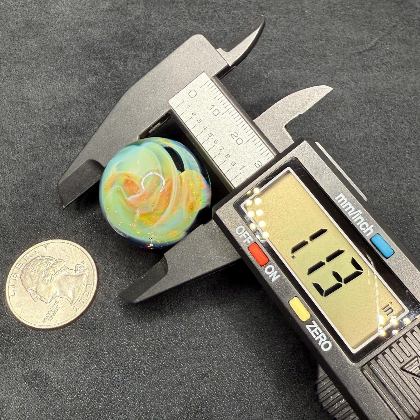 Handmade Glass Marble 1.13 Inches with Silver Fume Spiral and Opal Coin - Includes Free Wooden Display Stand