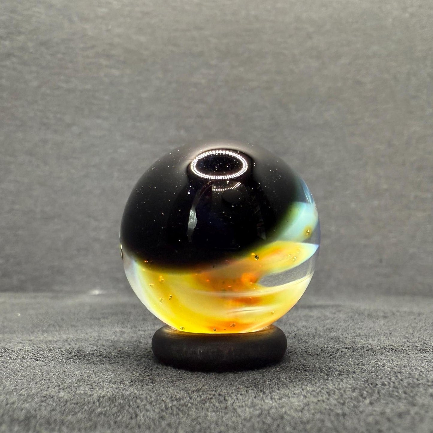 Handmade Glass Marble 1.13 Inches with Silver Fume Spiral and Opal Coin - Includes Free Wooden Display Stand