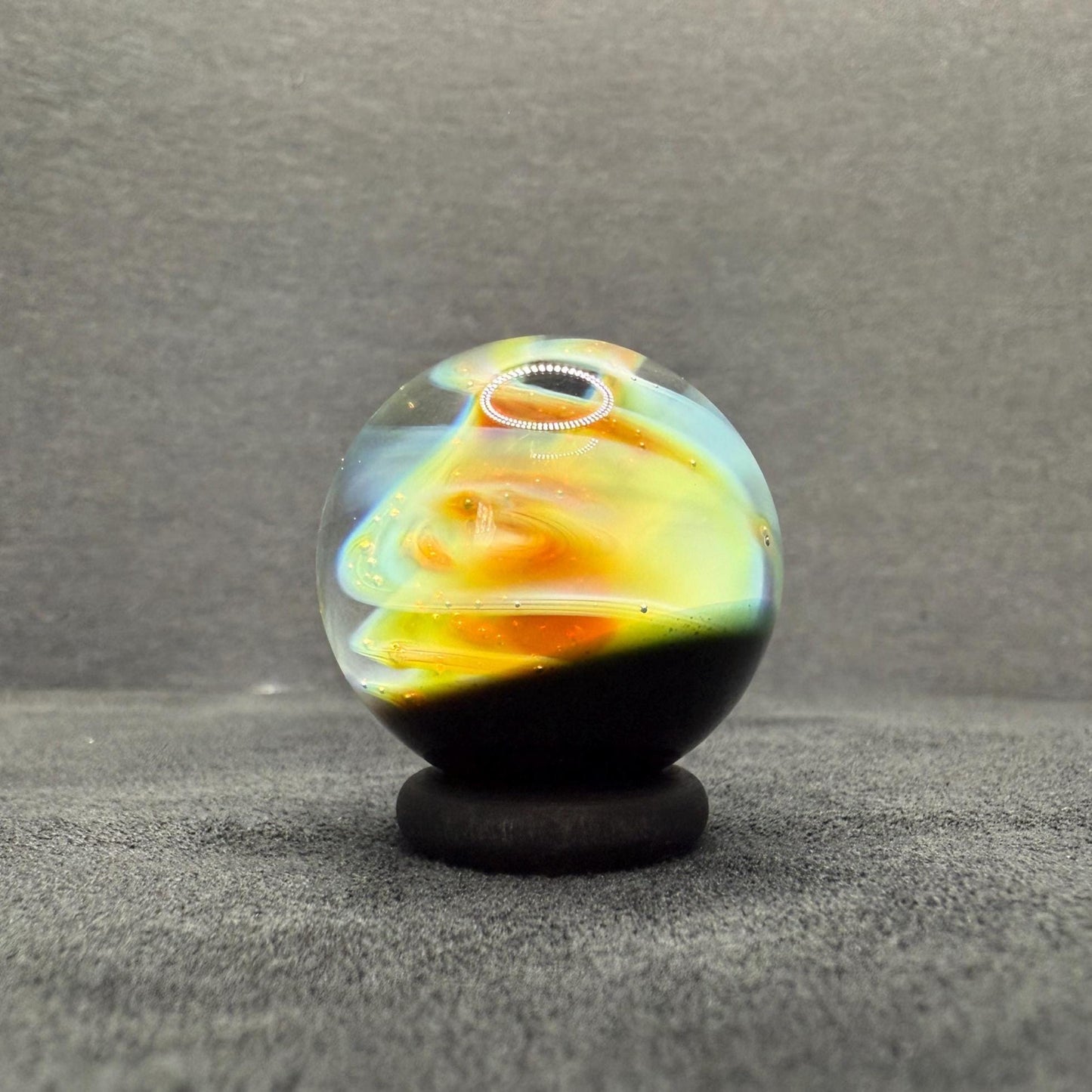 Handmade Glass Marble 1.13 Inches with Silver Fume Spiral and Opal Coin - Includes Free Wooden Display Stand