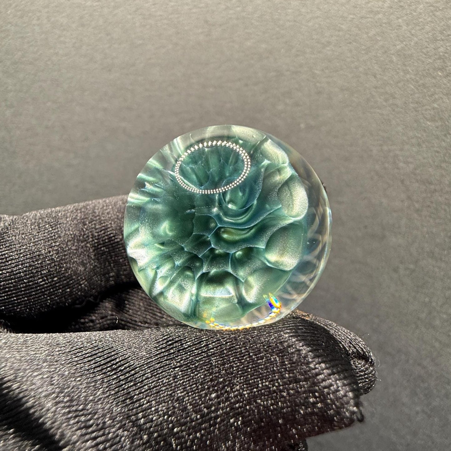 1.15 Inch Handcrafted Borosilicate Glass Marble with Neptunium Implosion & Fumicello- Heady Glass Art Marble - Includes Wooden Display Stand
