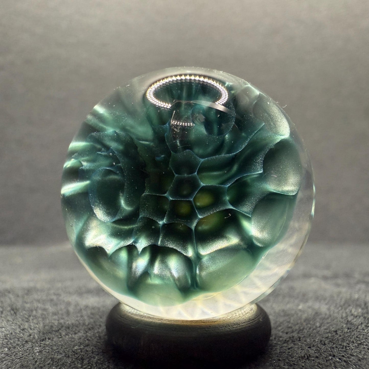 1.15 Inch Handcrafted Borosilicate Glass Marble with Neptunium Implosion & Fumicello- Heady Glass Art Marble - Includes Wooden Display Stand