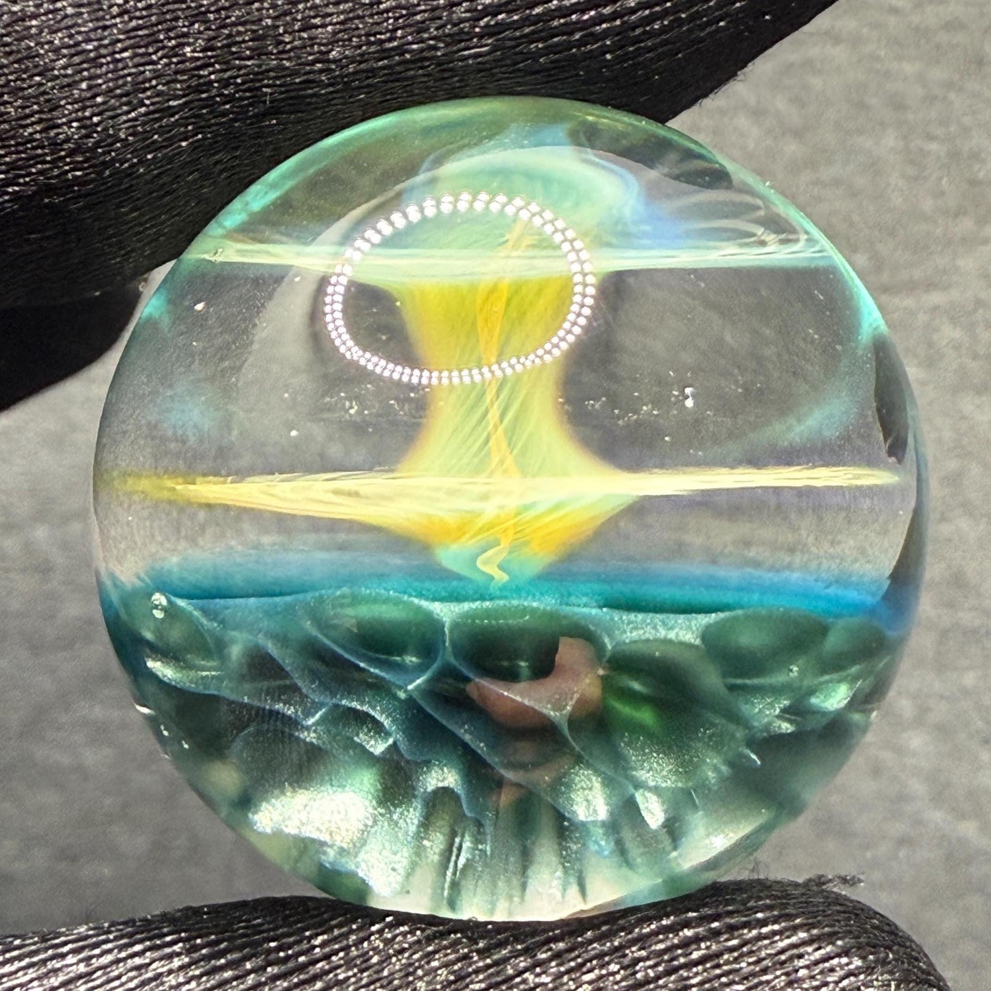 1.15 Inch Handcrafted Borosilicate Glass Marble with Neptunium Implosion & Fumicello- Heady Glass Art Marble - Includes Wooden Display Stand