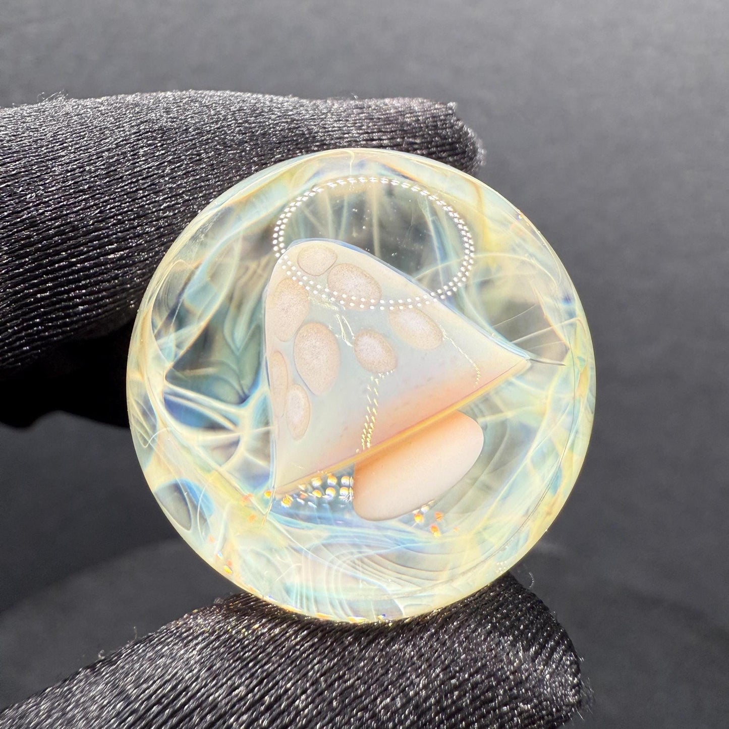 Handmade Glass Marble with Blue Mushroom and Silver Chaos Fume 1.15 Inch || Heady Glass Marble for Collectors and Mushroom Lovers