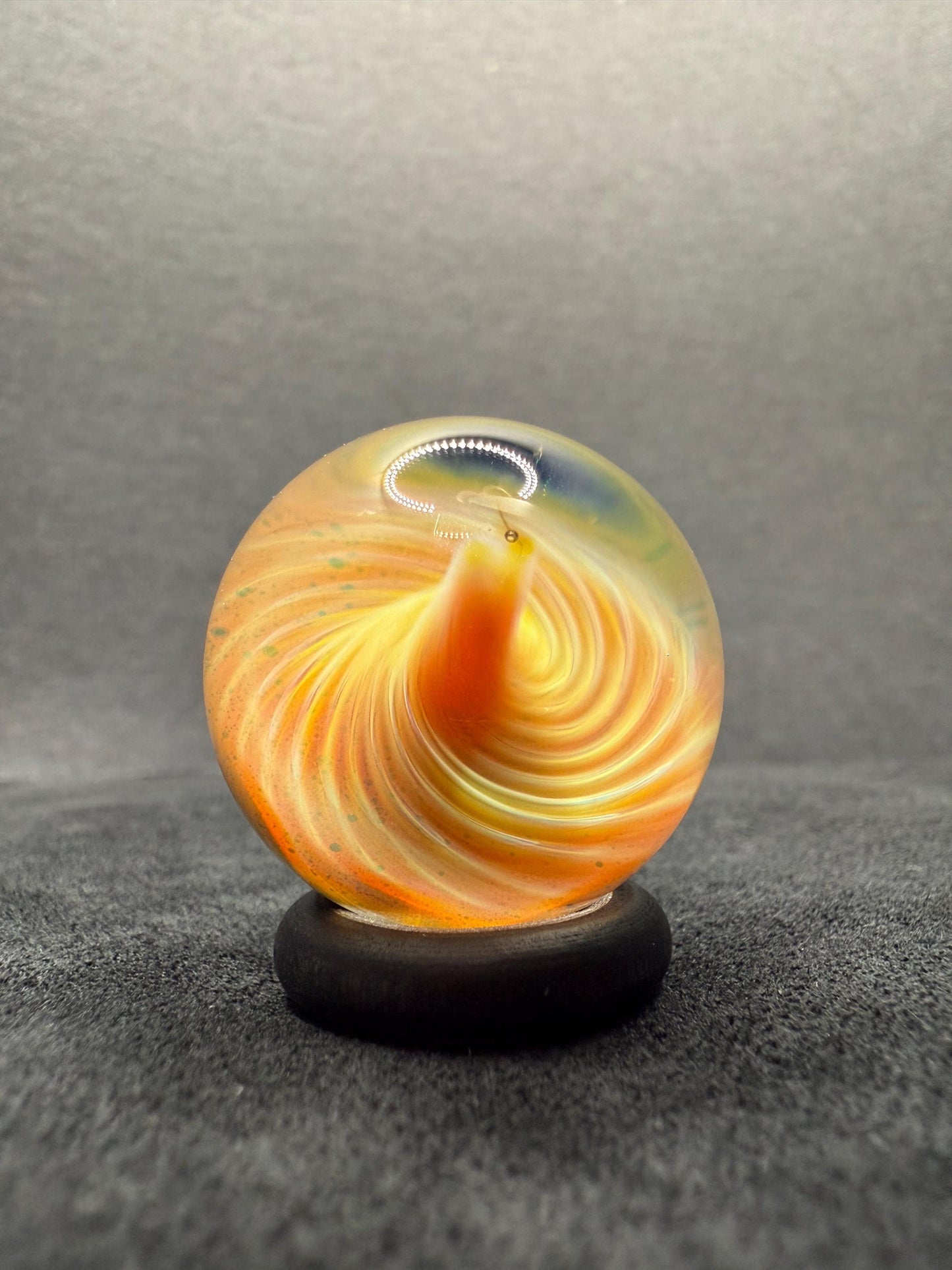 1.00 Inch Handcrafted Borosilicate Glass Marble with Silver Fume Spiral - Heady Glass Art Marble - Includes Wooden Display Stand