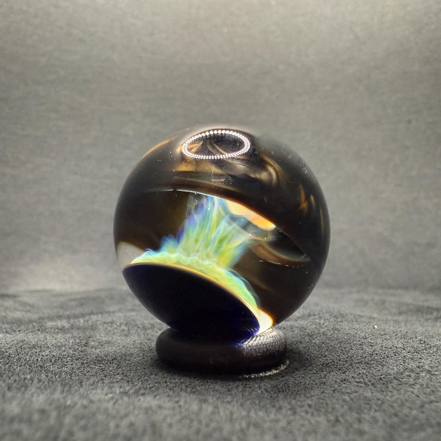 1.28 Inch Handcrafted Borosilicate Glass Marble with Wigwag, Silver Fume & Mushroom Heady Glass Art Marble - Free Wooden Display Stand