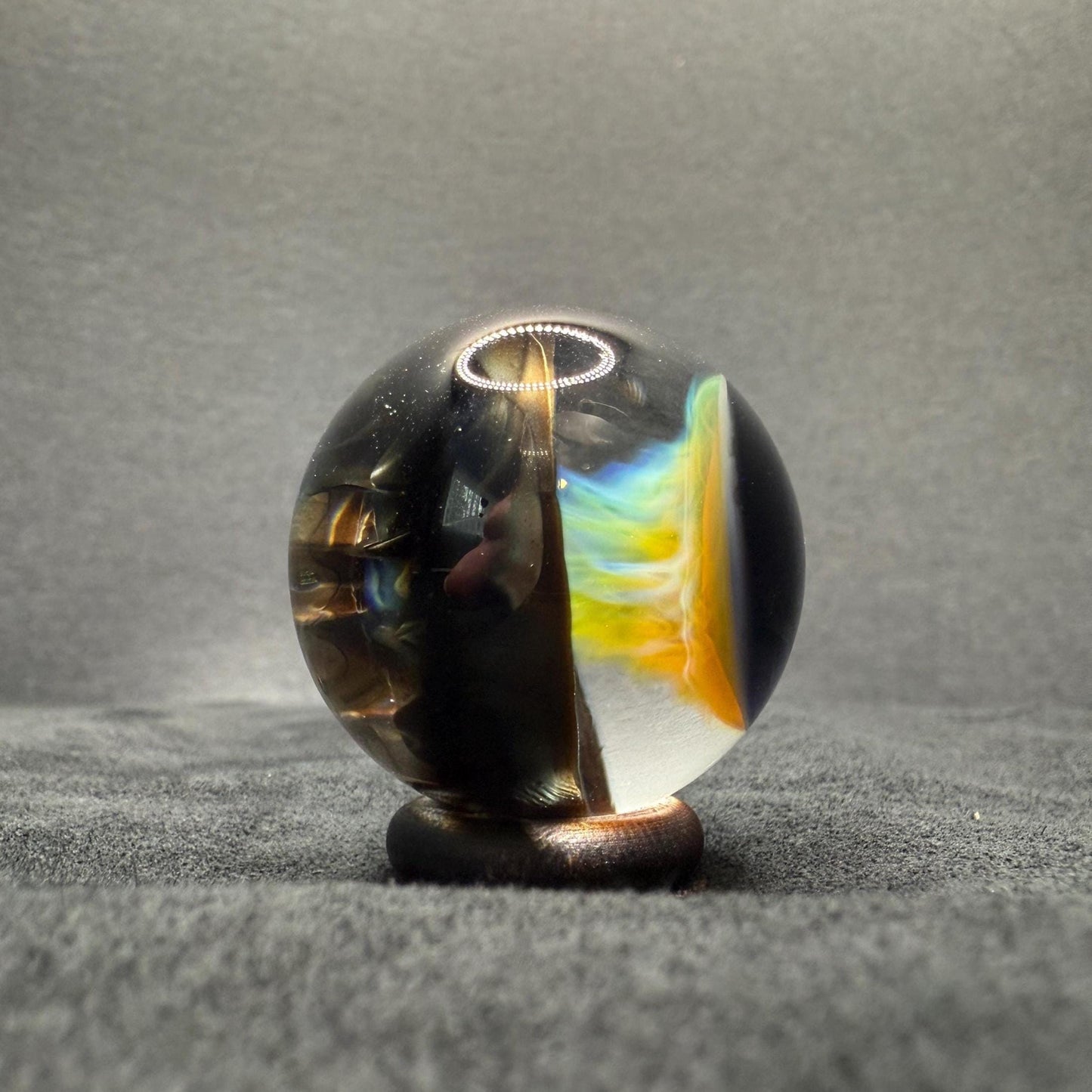 1.28 Inch Handcrafted Borosilicate Glass Marble with Wigwag, Silver Fume & Mushroom Heady Glass Art Marble - Free Wooden Display Stand