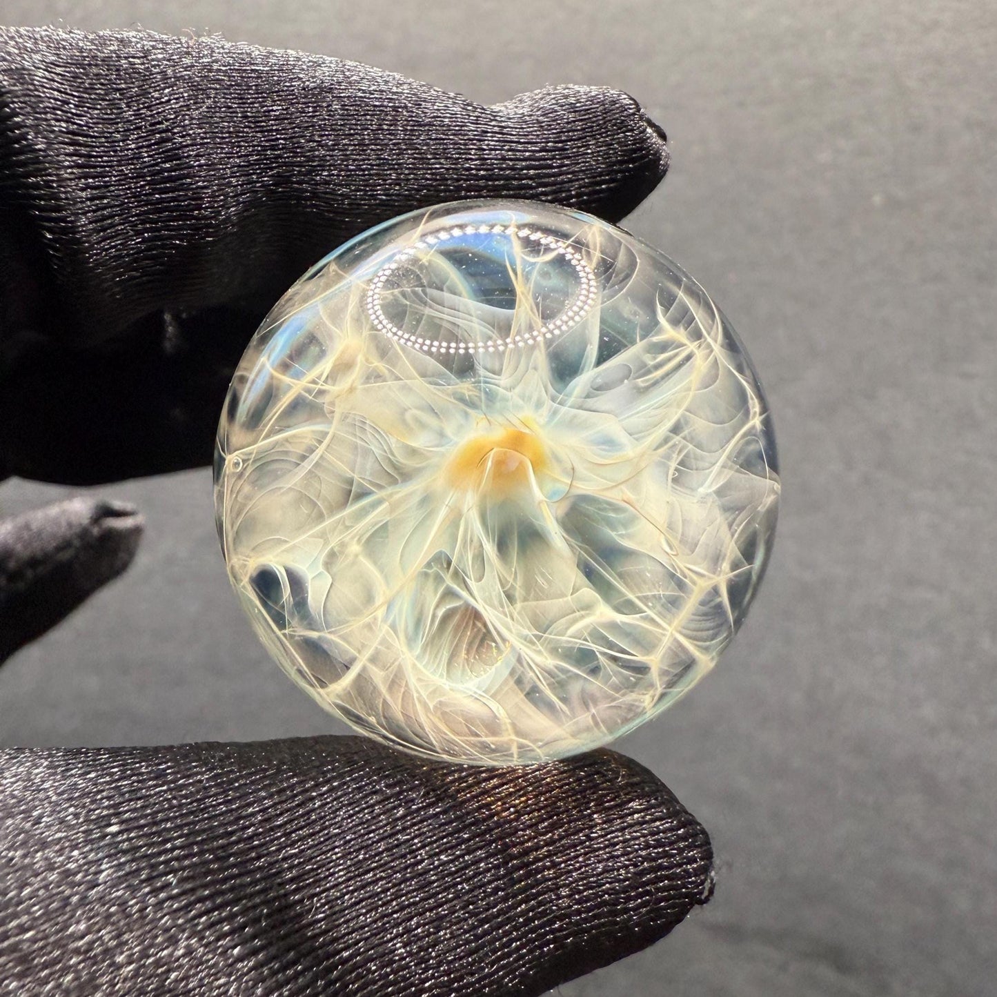 1.39 Inch Handcrafted Borosilicate Glass Marble with Chaos Silver Fume & Fumicello- Heady Glass Art Marble - Includes Wooden Display Stand