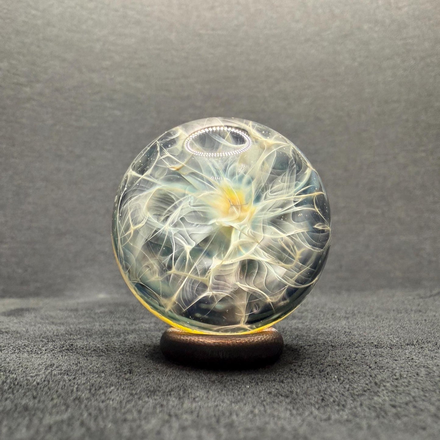 1.39 Inch Handcrafted Borosilicate Glass Marble with Chaos Silver Fume & Fumicello- Heady Glass Art Marble - Includes Wooden Display Stand
