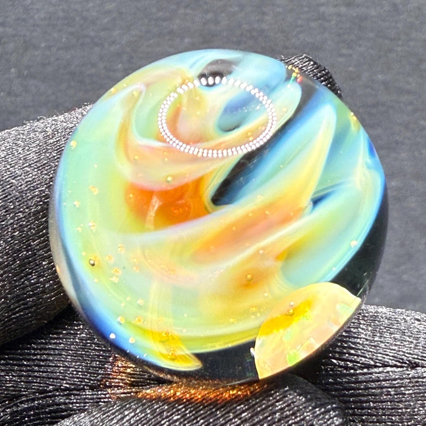 Handmade Glass Marble 1.13 Inches with Silver Fume Spiral and Opal Coin - Includes Free Wooden Display Stand