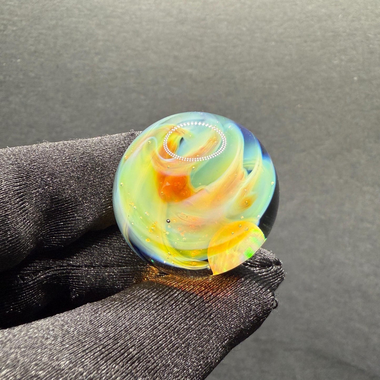 Handmade Glass Marble 1.13 Inches with Silver Fume Spiral and Opal Coin - Includes Free Wooden Display Stand