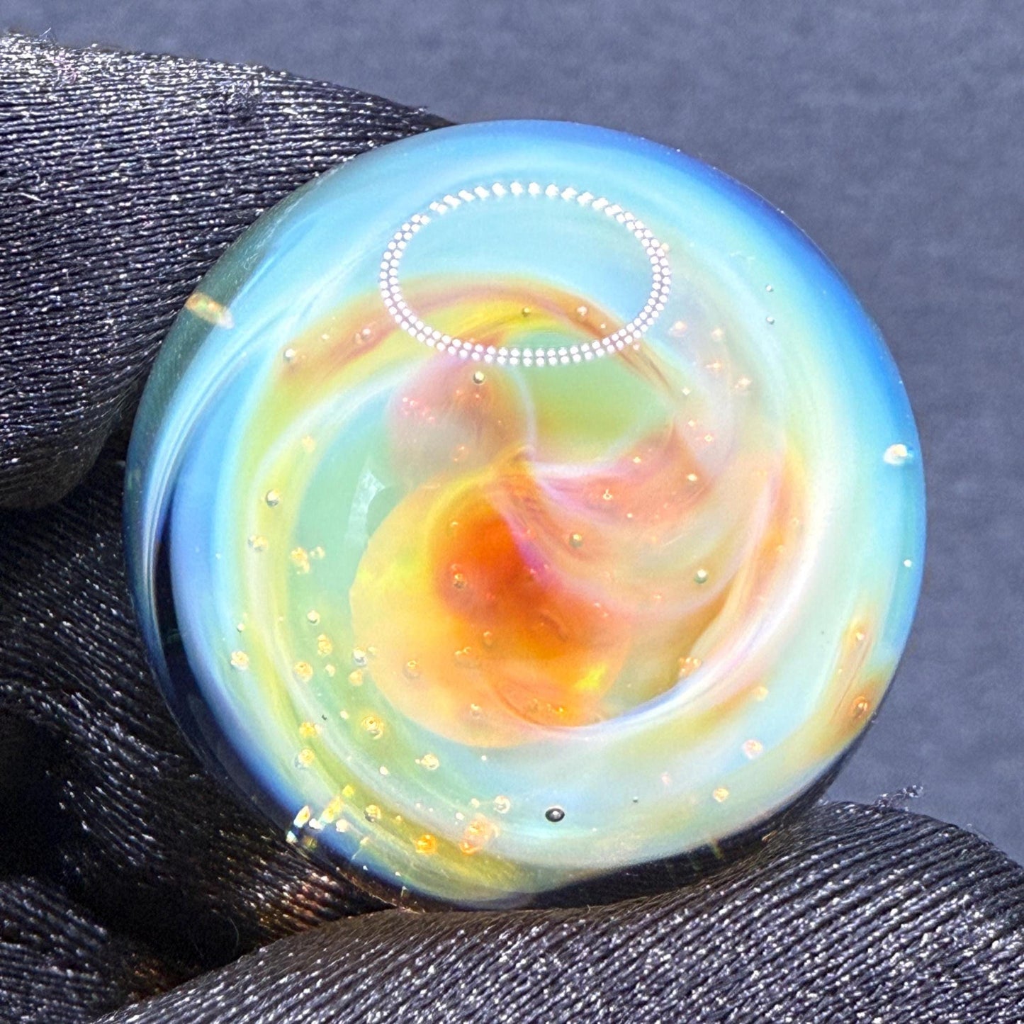 Handmade Glass Marble 1.13 Inches with Silver Fume Spiral and Opal Coin - Includes Free Wooden Display Stand