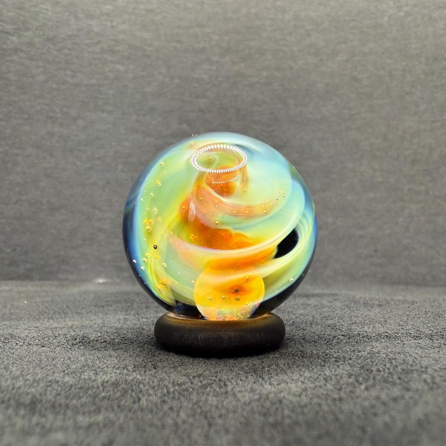Handmade Glass Marble 1.13 Inches with Silver Fume Spiral and Opal Coin - Includes Free Wooden Display Stand