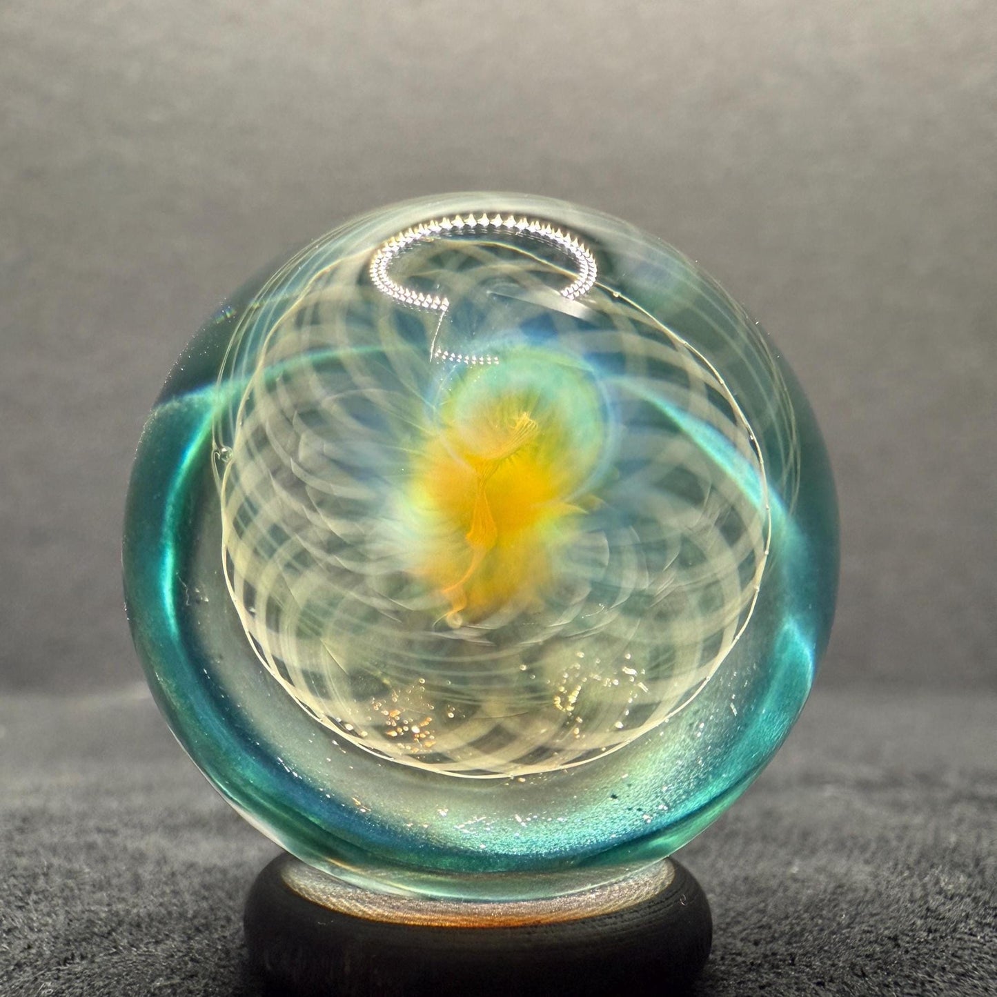 1.15 Inch Handcrafted Borosilicate Glass Marble with Neptunium Implosion & Fumicello- Heady Glass Art Marble - Includes Wooden Display Stand