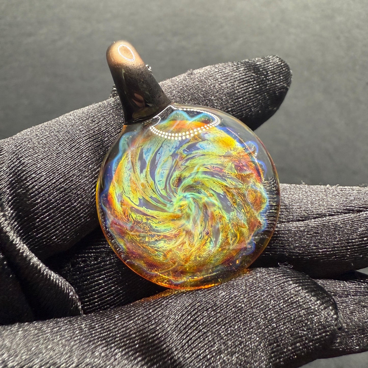 Blown Glass Pendant with Purple and Yellow Spiral and Electrum || Handmade Heady Glass Necklace