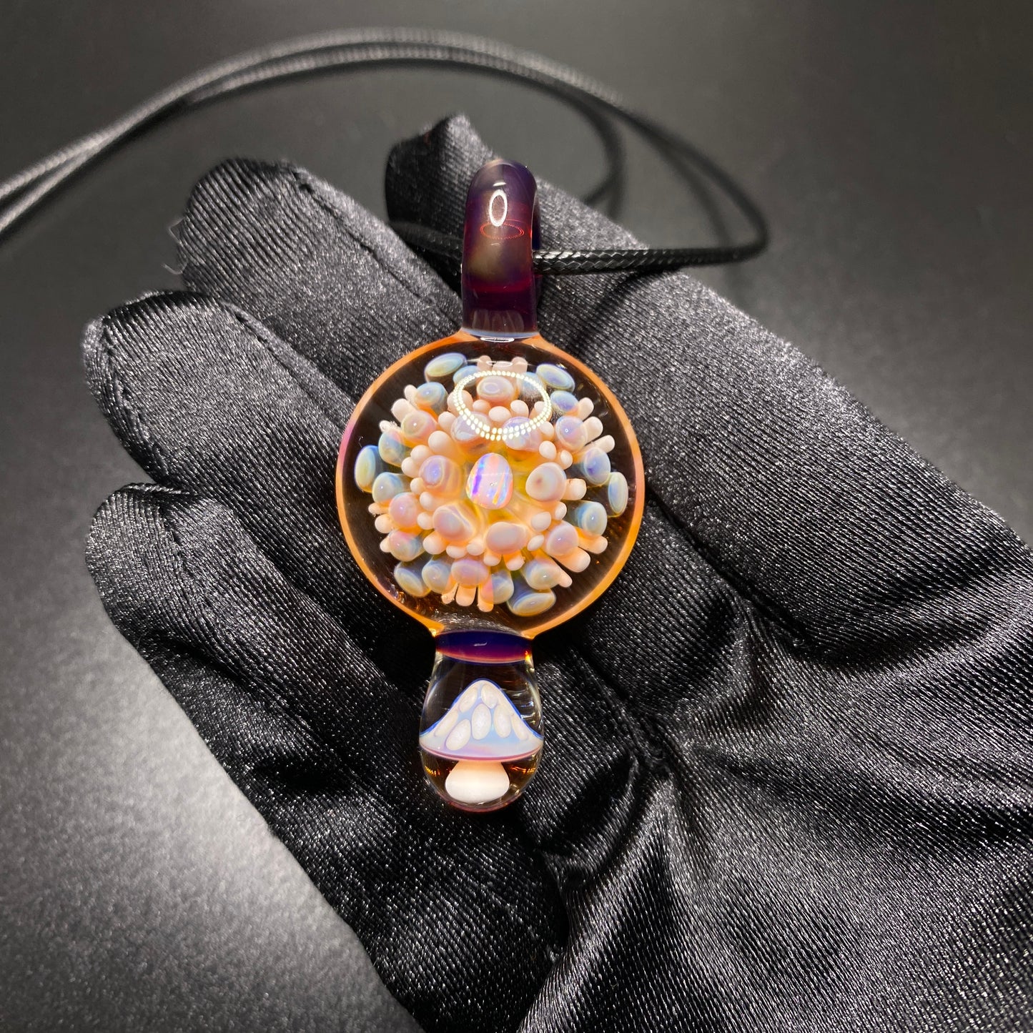 Borosilicate Glass Mushroom Pendant with Implosion Dot Pattern and Opal