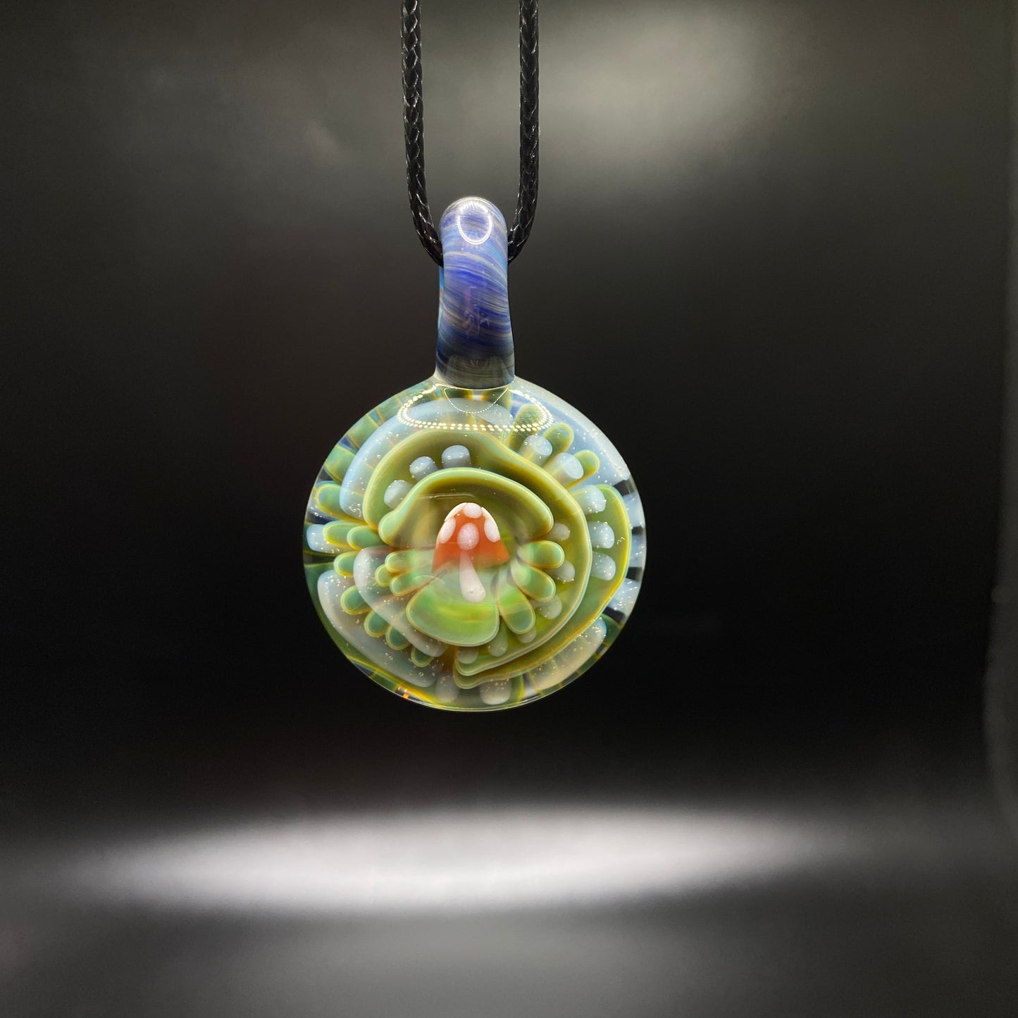 Borosilicate Glass Mushroom Pendant with Implosion Pattern and UV Reactive Glass