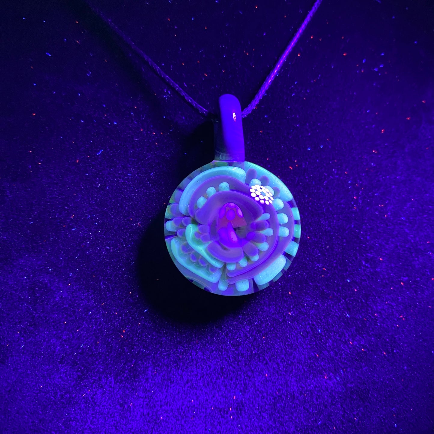 Borosilicate Glass Mushroom Pendant with Implosion Pattern and UV Reactive Glass