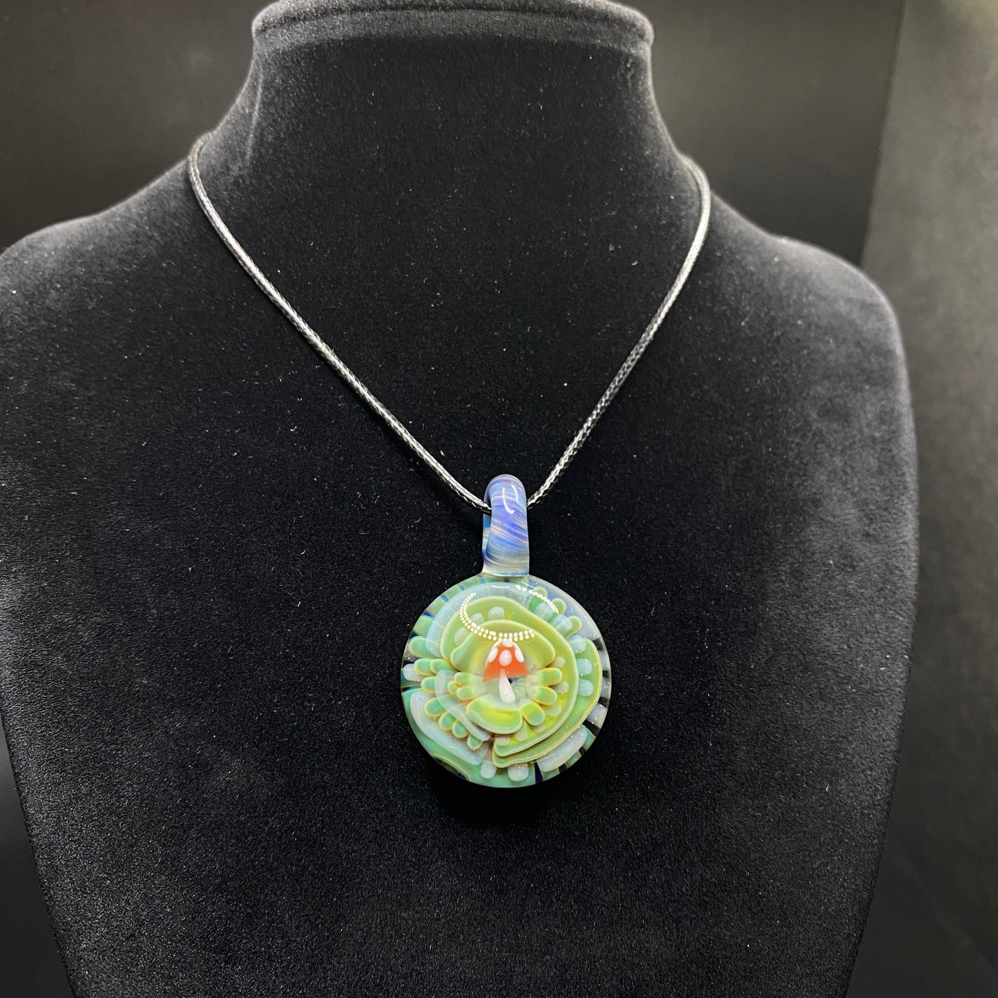 Borosilicate Glass Mushroom Pendant with Implosion Pattern and UV Reactive Glass