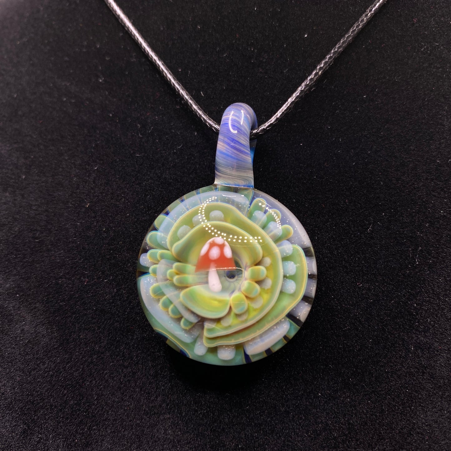 Borosilicate Glass Mushroom Pendant with Implosion Pattern and UV Reactive Glass