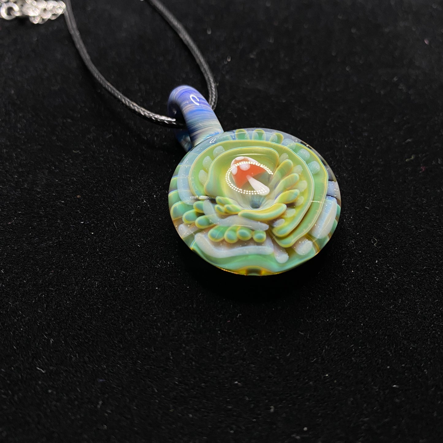 Borosilicate Glass Mushroom Pendant with Implosion Pattern and UV Reactive Glass