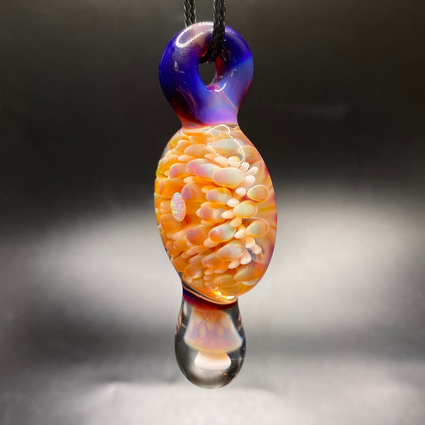 Borosilicate Glass Mushroom Pendant with Implosion Dot Pattern and Opal || Heady Glass Necklace || Hand Blown Glass Pink Mushroom Necklace