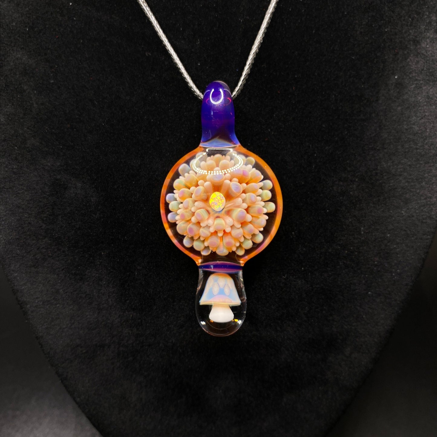 Borosilicate Glass Mushroom Pendant with Implosion Dot Pattern and Opal || Heady Glass Necklace || Hand Blown Glass Pink Mushroom Necklace