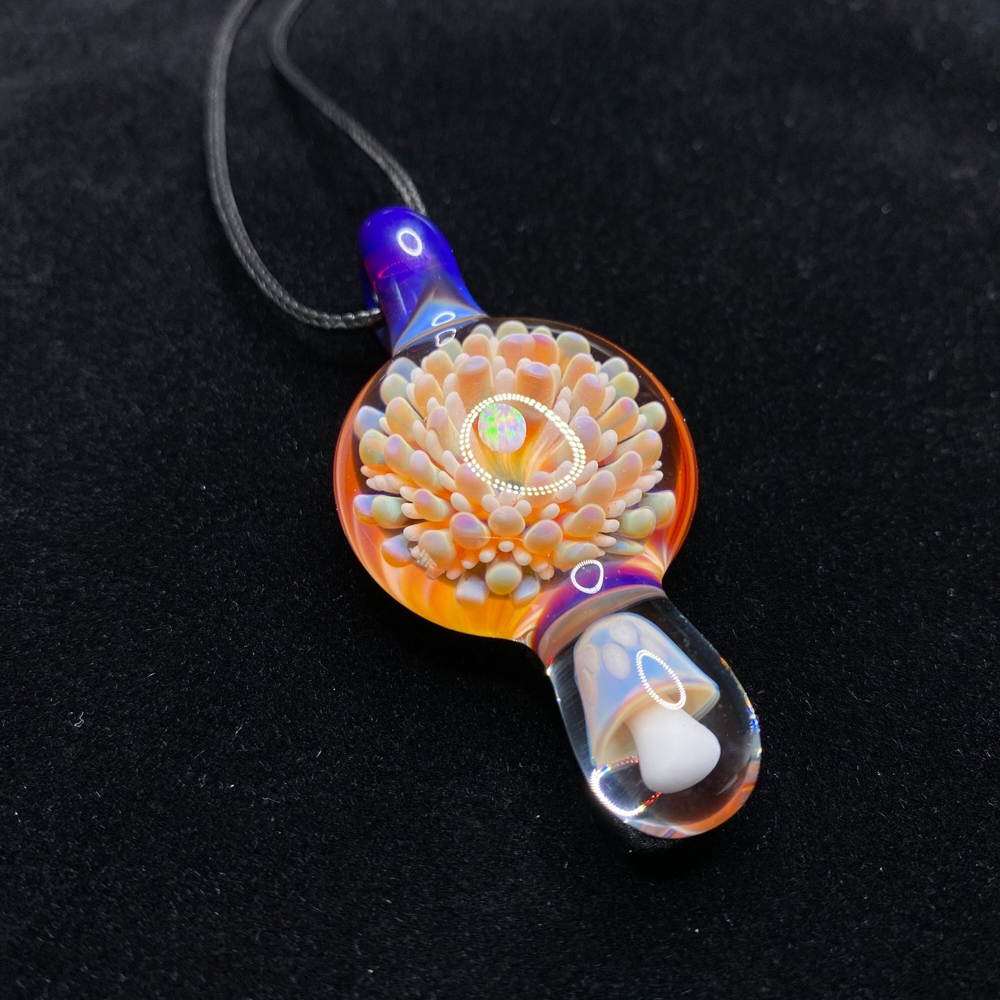 Borosilicate Glass Mushroom Pendant with Implosion Dot Pattern and Opal || Heady Glass Necklace || Hand Blown Glass Pink Mushroom Necklace