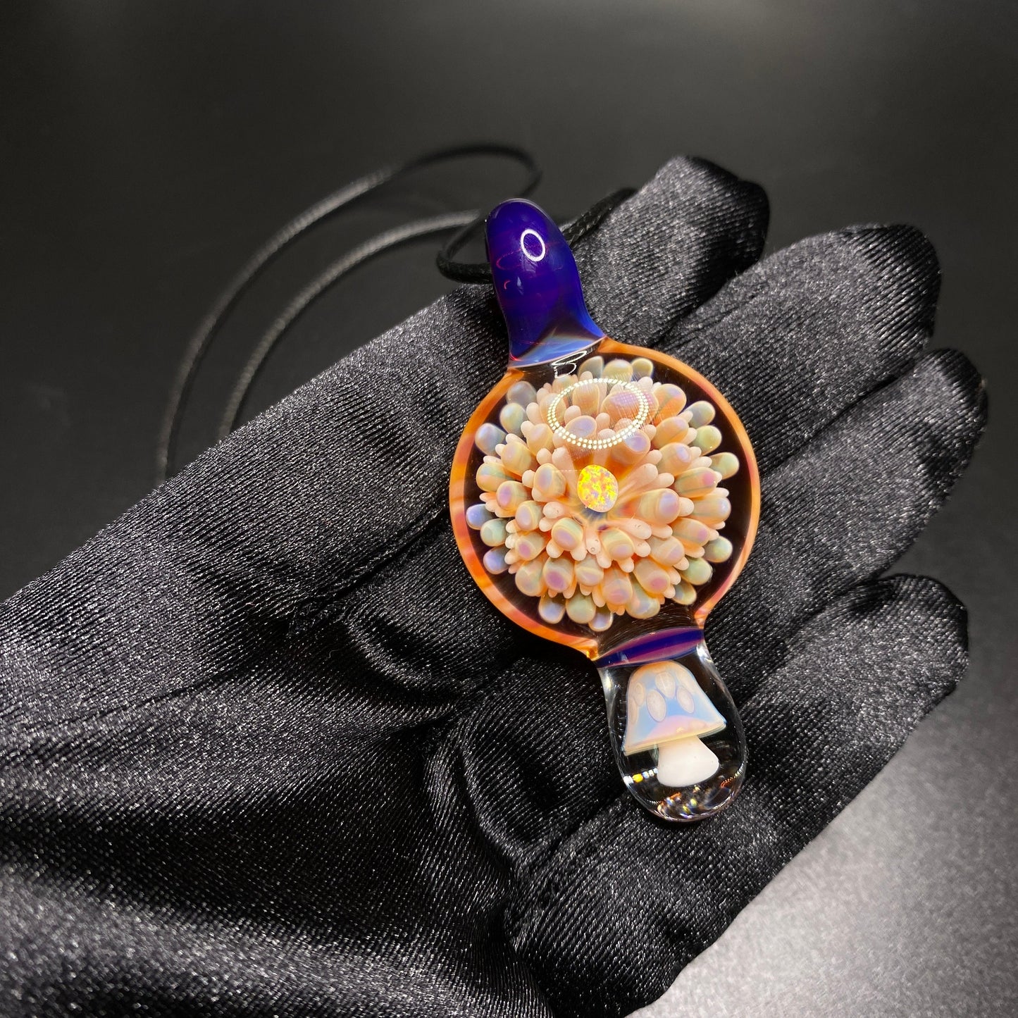 Borosilicate Glass Mushroom Pendant with Implosion Dot Pattern and Opal || Heady Glass Necklace || Hand Blown Glass Pink Mushroom Necklace