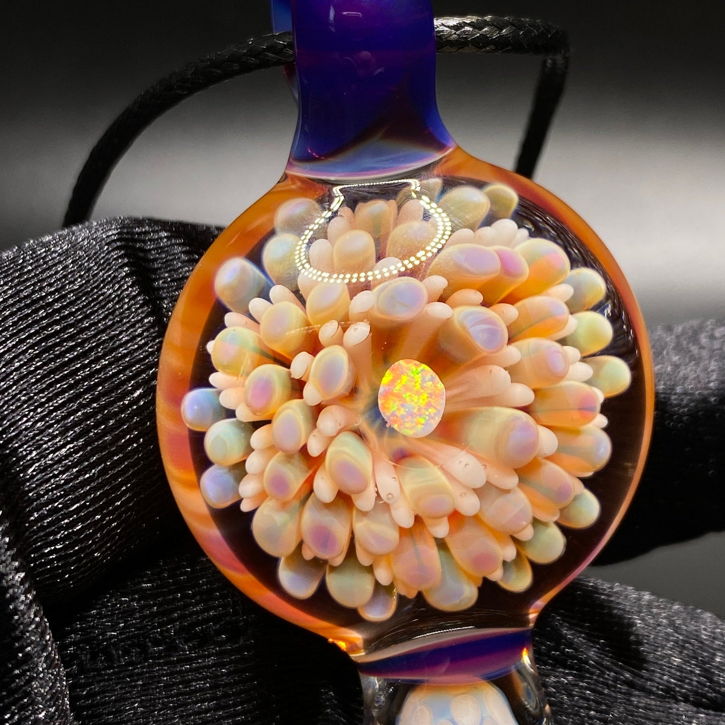 Borosilicate Glass Mushroom Pendant with Implosion Dot Pattern and Opal || Heady Glass Necklace || Hand Blown Glass Pink Mushroom Necklace