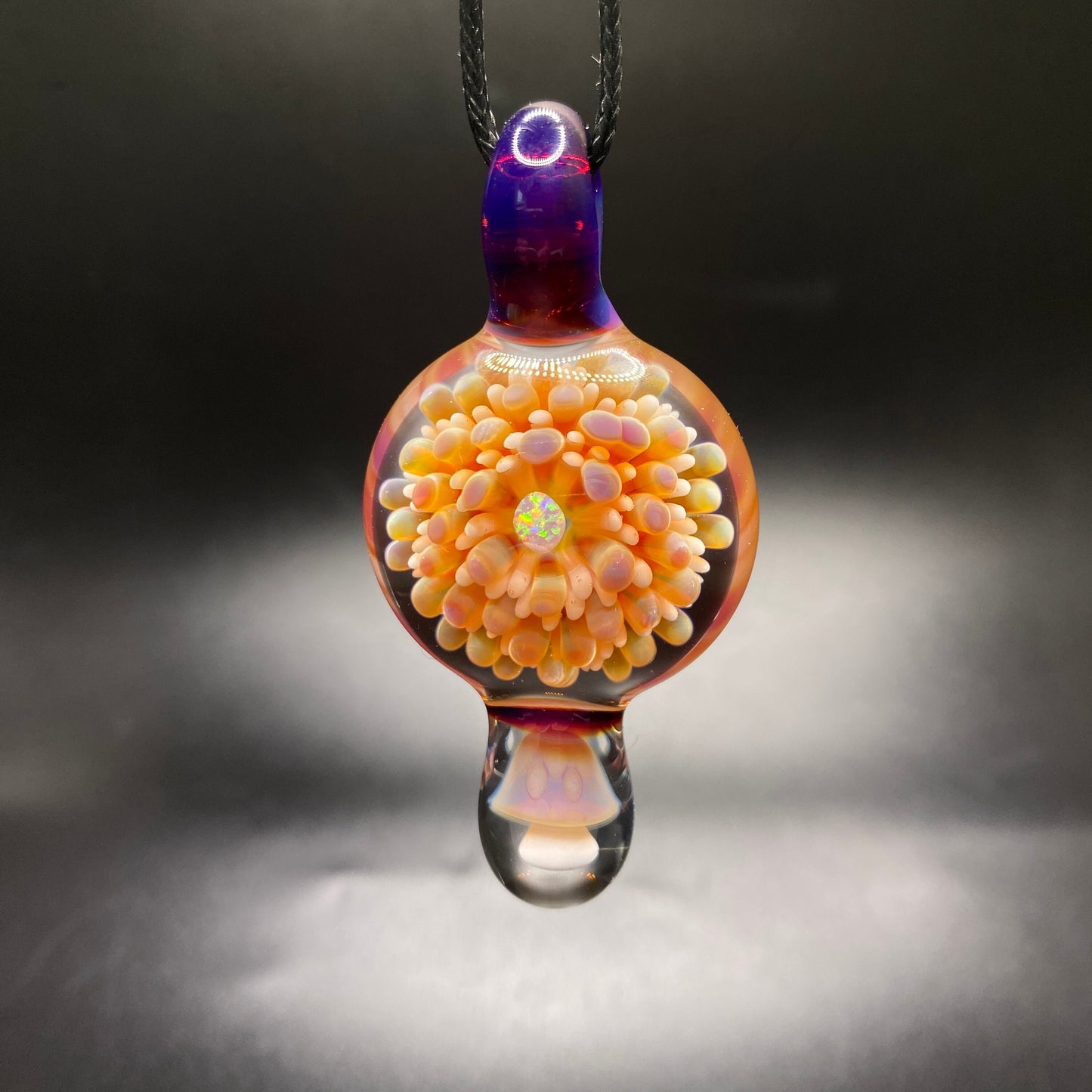 Borosilicate Glass Mushroom Pendant with Implosion Dot Pattern and Opal || Heady Glass Necklace || Hand Blown Glass Pink Mushroom Necklace