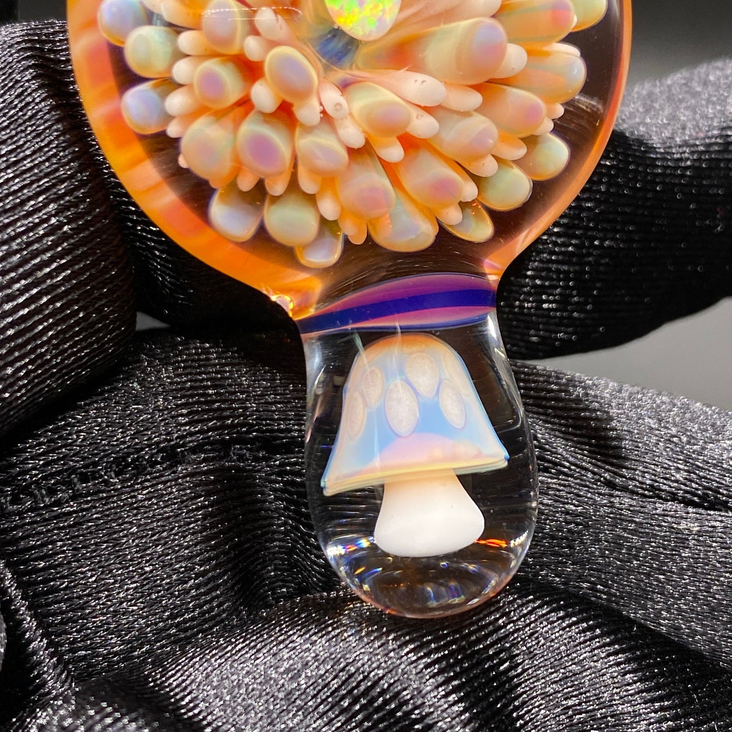 Borosilicate Glass Mushroom Pendant with Implosion Dot Pattern and Opal || Heady Glass Necklace || Hand Blown Glass Pink Mushroom Necklace