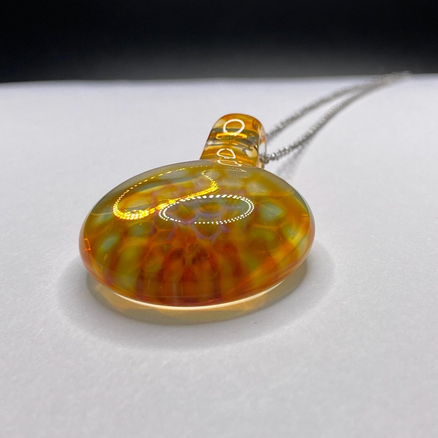 Blown Glass Pendant with Honey Comb Pattern - Colored using Silver Fume Art Glass Technique - Heady Glass Necklace - Gifts for Bee Lovers