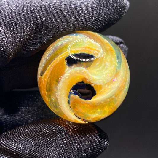 1.08 Inch Handmade Glass Marble with Silver Fume Spiral and Crushed Opal - Heady Glass Art - Includes Wooden Display Stand