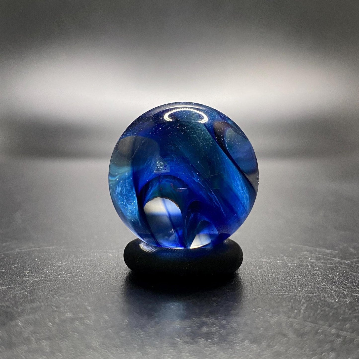 Handmade Blue Glass Marble with Frit Spiral - 1.01 Inch - Heady Glass Art Marble - Includes Wooden Display Stand