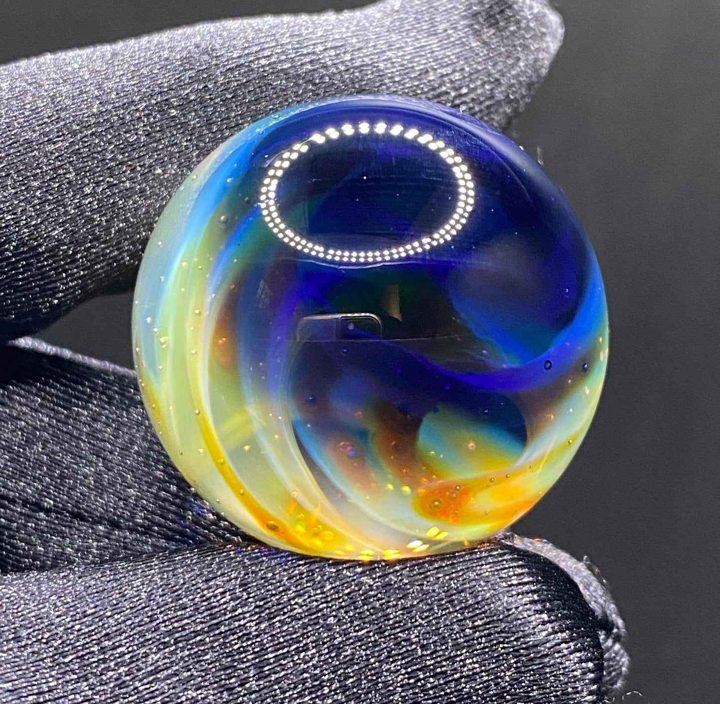 1.16 Inch Handcrafted Borosilicate Glass Marble with Silver Fume Spiral - Heady Glass Art Marble - Includes Wooden Display Stand