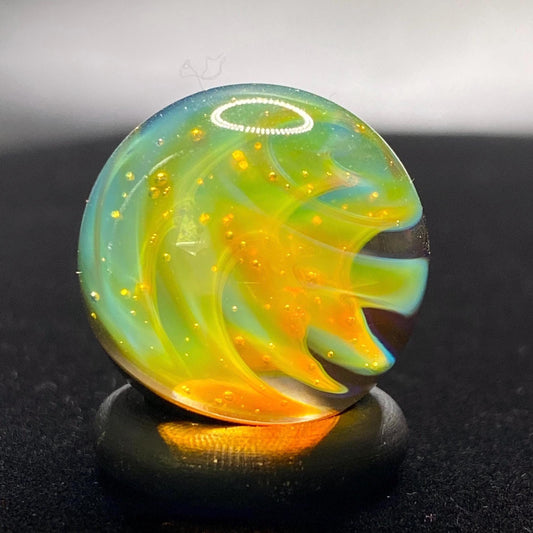 Handmade Glass Marble with Silver Fume Spiral and Electrum Accent .86 Inch - Free Wooden Display Stand Included