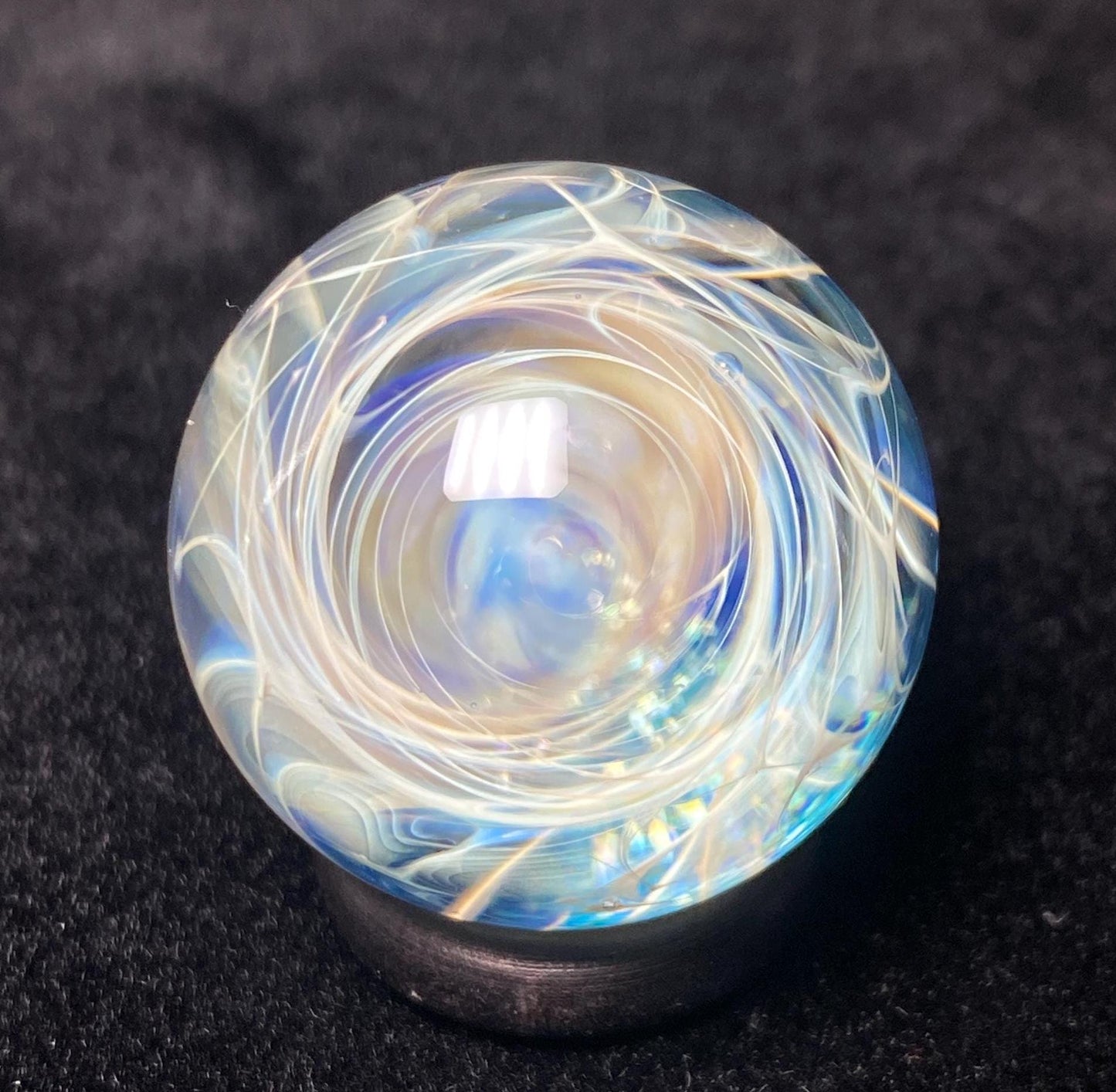 Silver Chaos Fume Blue Glass Marble 1.08 Inch Handcrafted || Includes Free Wood Display Stand