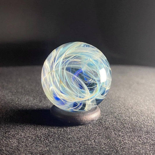 Silver Chaos Fume Blue Glass Marble 1.08 Inch Handcrafted || Includes Free Wood Display Stand
