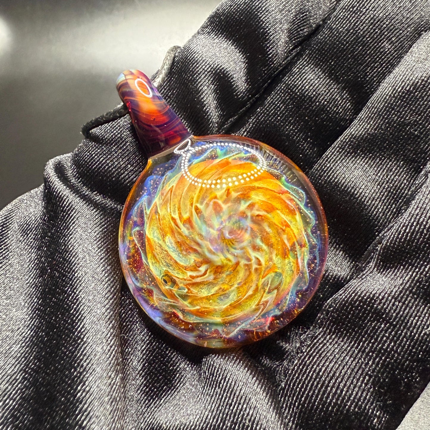 Blown Glass Pendant with Purple and Yellow Spiral and Electrum || Handmade Heady Glass Necklace