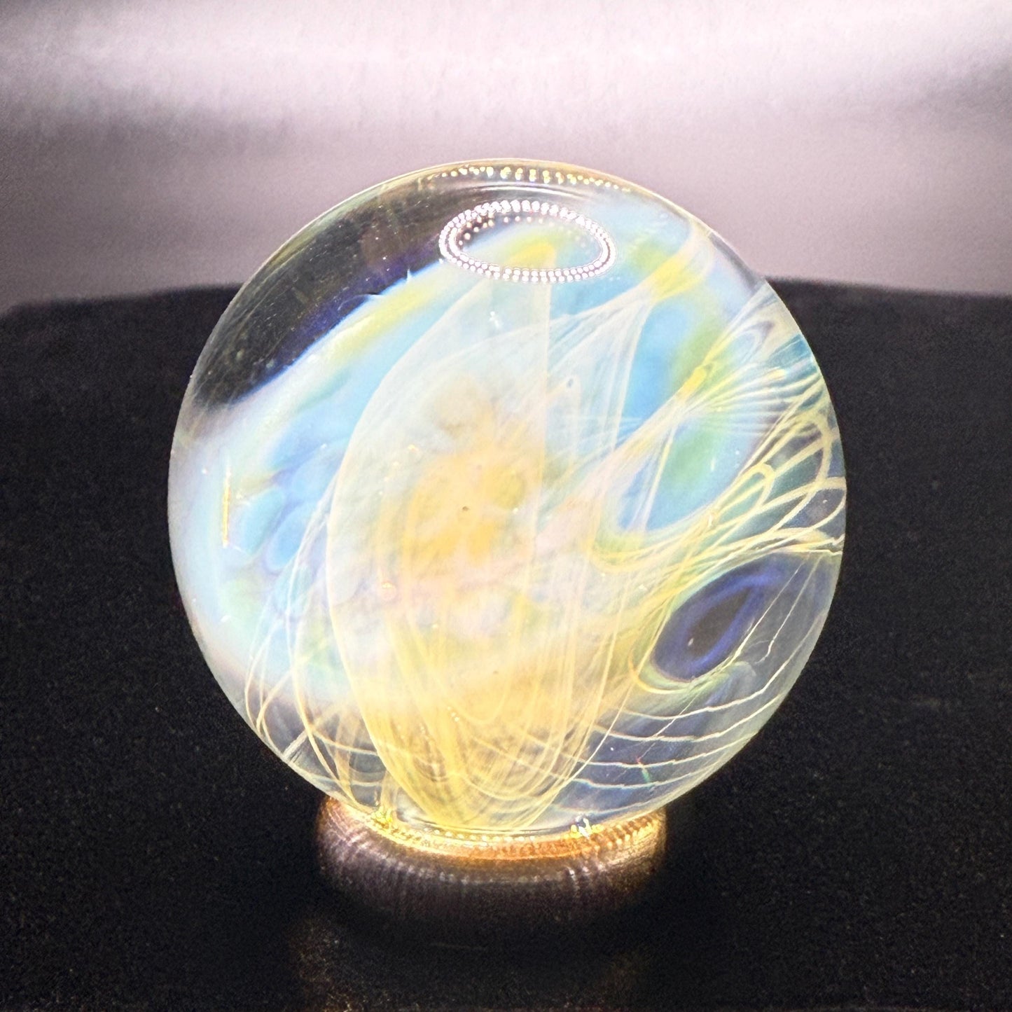 1.26 Inch Handcrafted Borosilicate Glass Marble with Silver Fume - Heady Glass Art Marble - Includes Wooden Display Stand